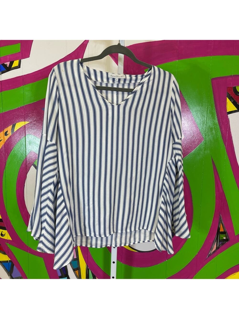 keren hart, Blue and white Striped Shirt, big ruffle sleeves. Size Medium.